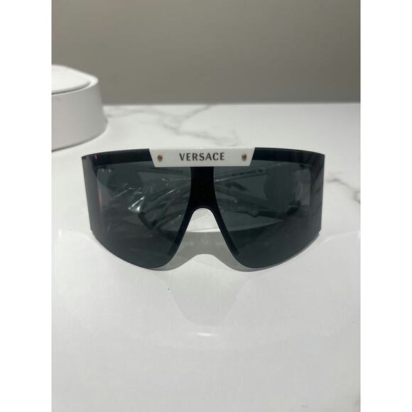 Versace Unisex Shield Sunglasses in Black with White Accents - Picture 1 of 4